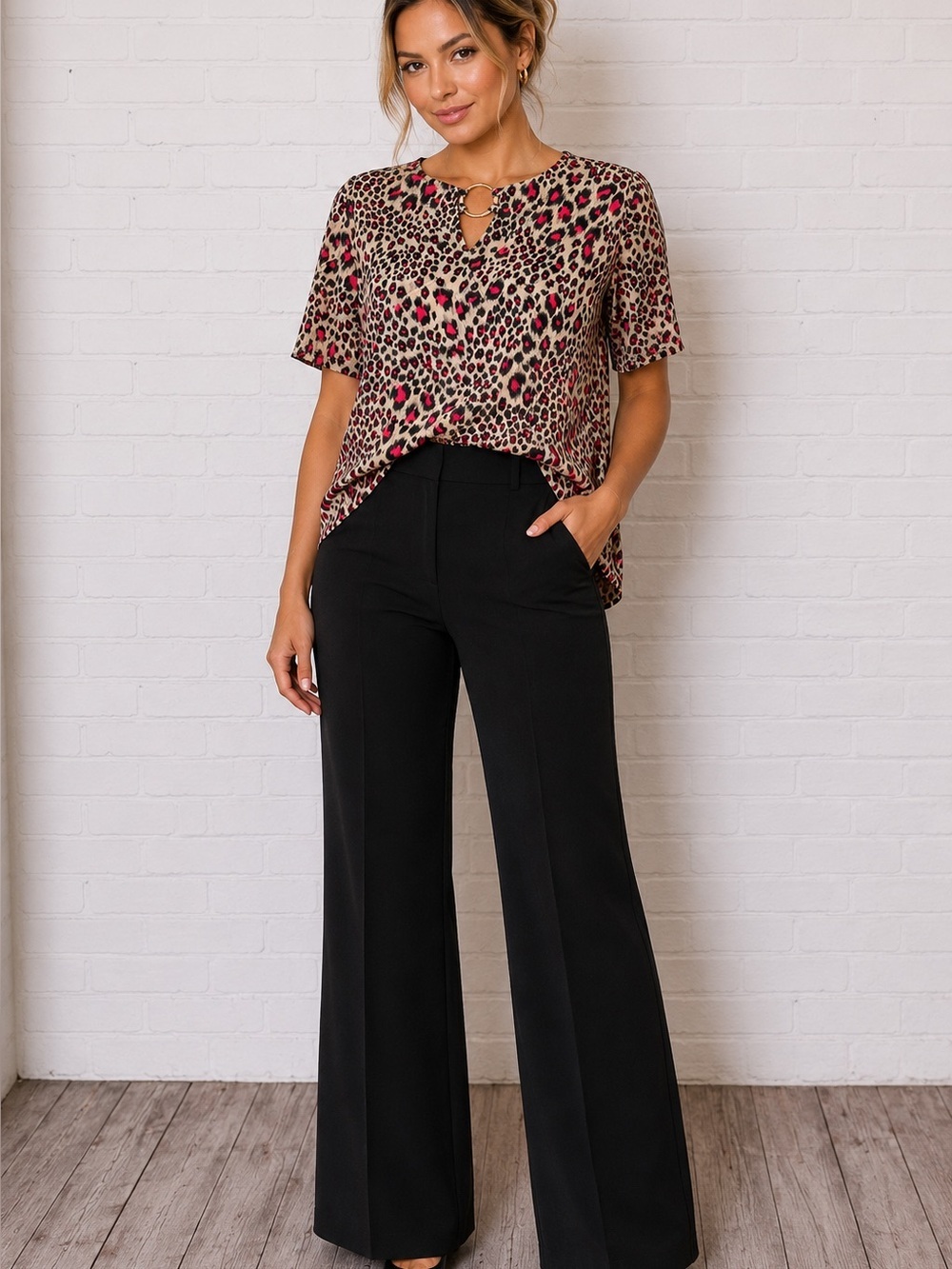 Leopard Print Short Sleeve Top with Ring Accent - Beige and Pink